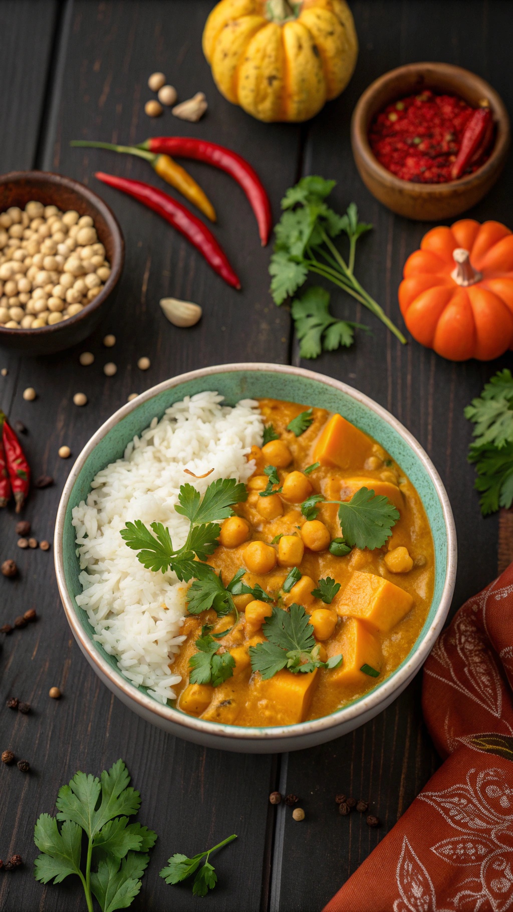 A bowl of creamy pumpkin and chickpea curry served with rice, garnished with cilantro.