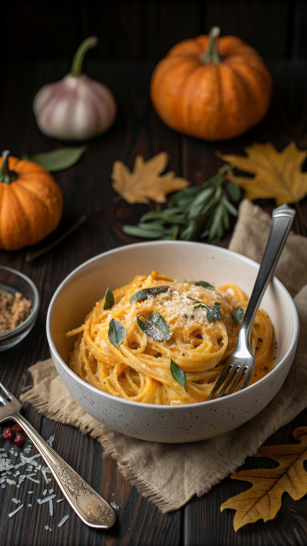 A bowl of creamy pumpkin pasta garnished with sage leaves, surrounded by small pumpkins and autumn leaves.