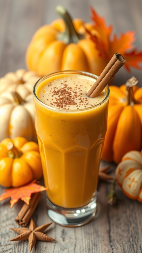 A creamy pumpkin protein smoothie in a tall glass, surrounded by pumpkins and autumn leaves.
