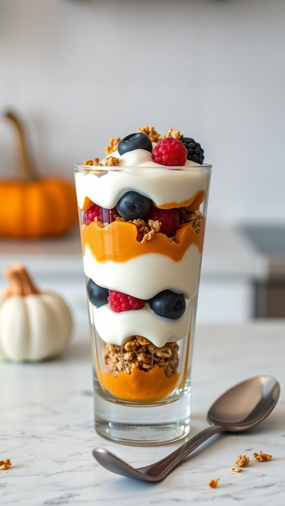 A delicious pumpkin yogurt parfait layered with granola and fresh berries in a glass.