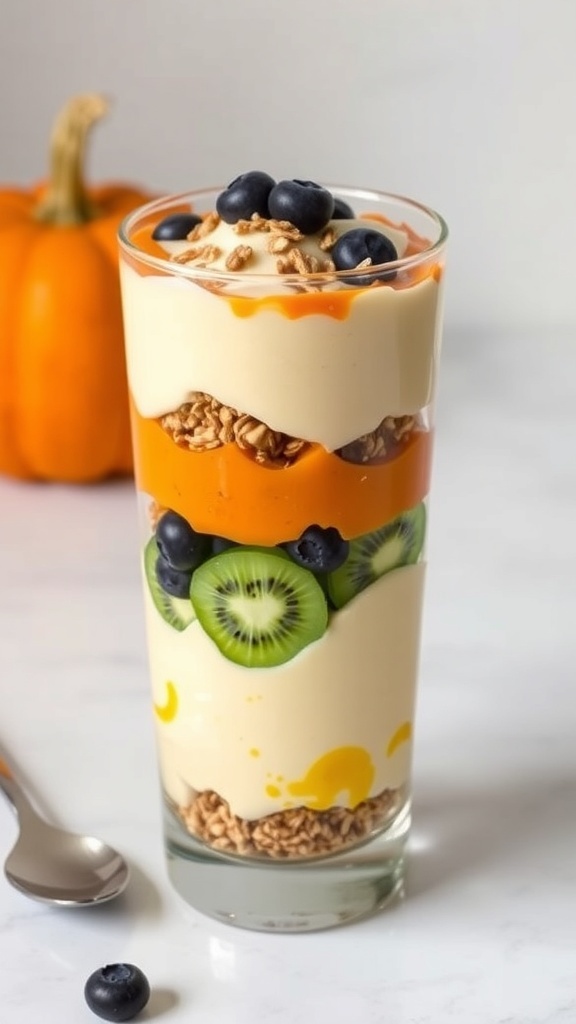 A creamy pumpkin yogurt parfait layered with granola and blueberries in a tall glass.