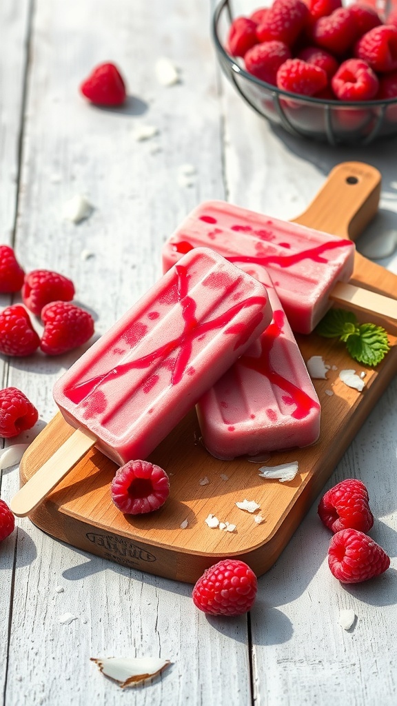 Creamy raspberry coconut popsicles on a wooden board with fresh raspberries and coconut flakes.