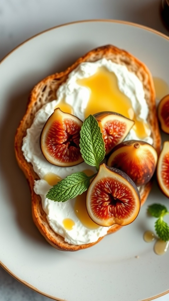 Creamy ricotta toast topped with fresh figs and honey, garnished with mint leaves.