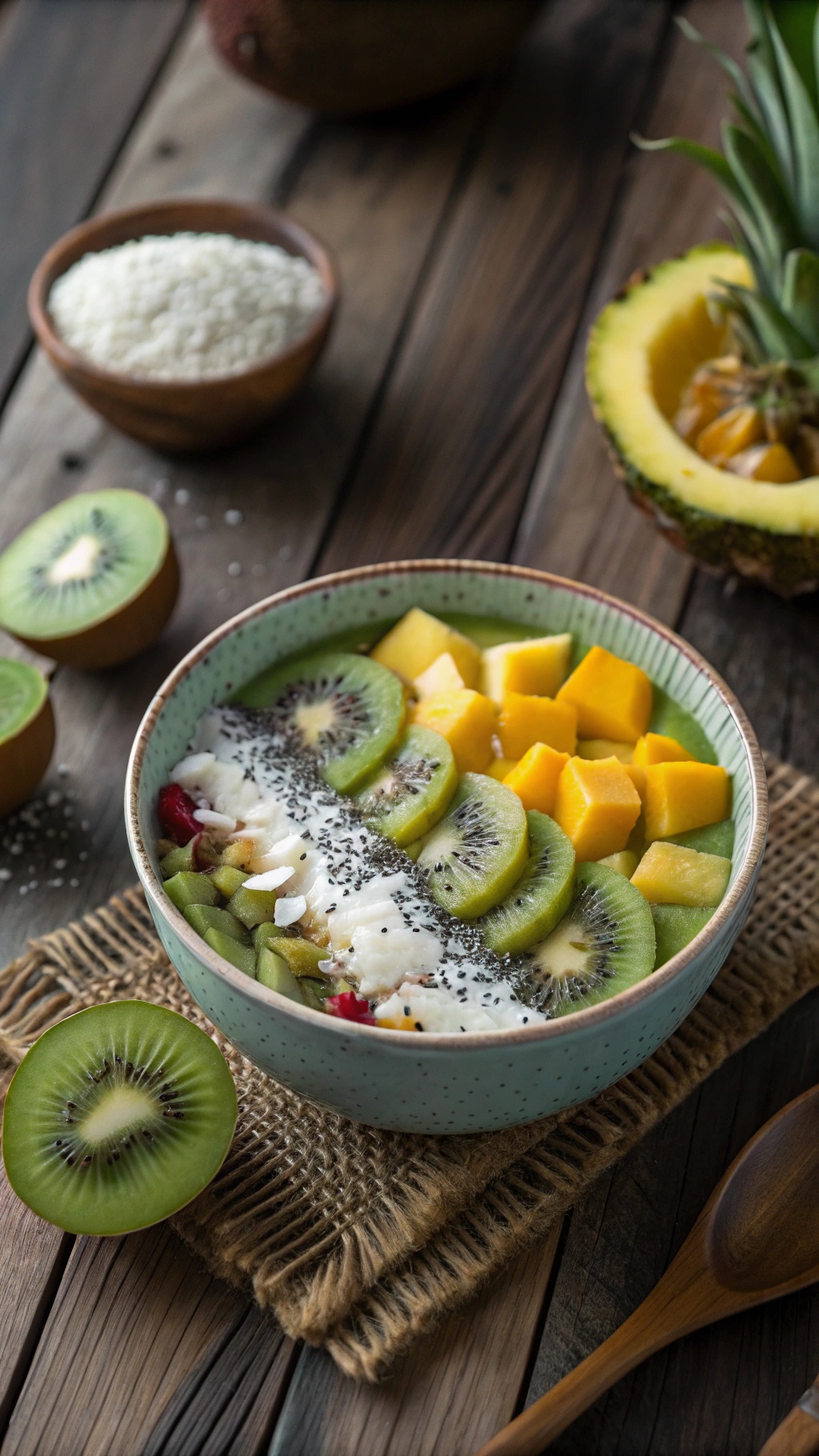 A creamy smoothie bowl topped with tropical fruits like kiwi and mango, served in a bowl on a wooden table.