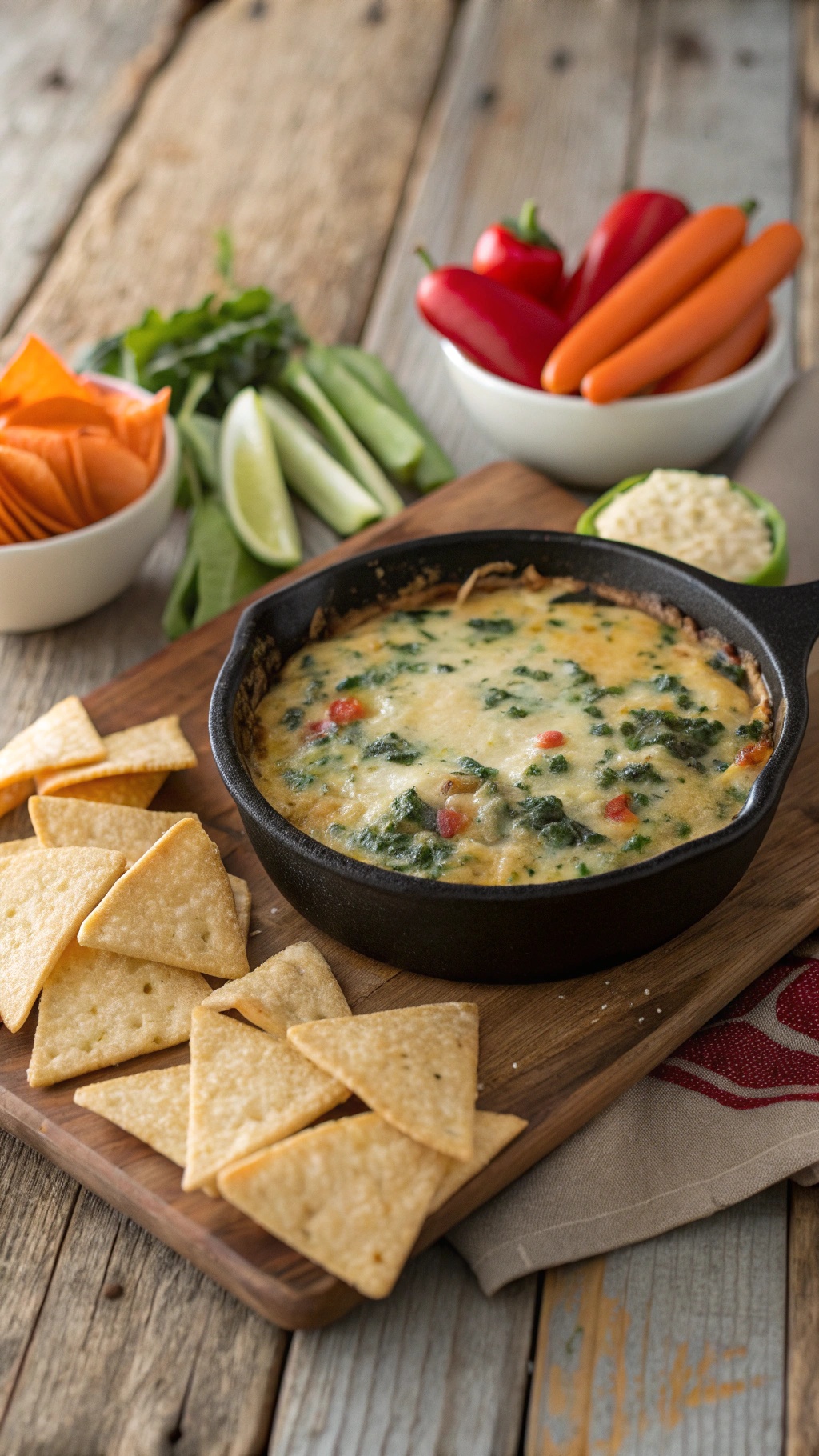 Creamy spinach and artichoke dip in a cast-iron skillet with tortilla chips and fresh vegetables on the side.