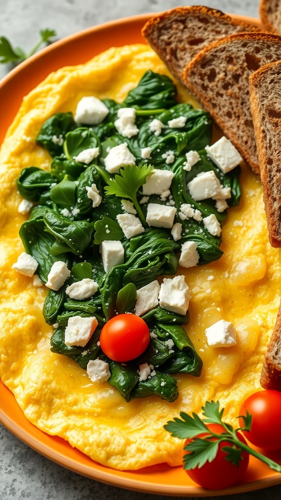 A creamy spinach and feta omelette served with whole-grain bread.