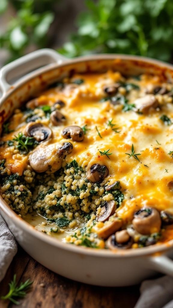 Creamy Spinach And Mushroom Quinoa Bake in a baking dish