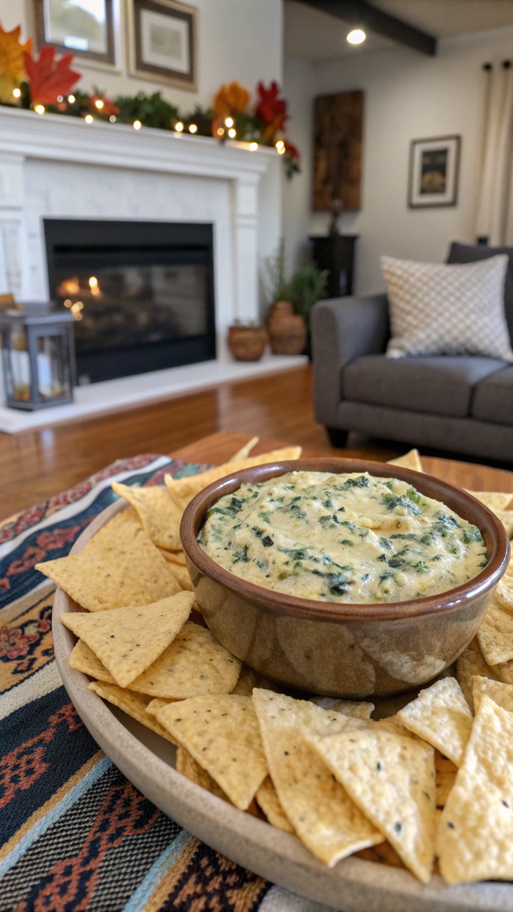Creamy spinach artichoke dip in a bowl surrounded by tortilla chips, set in a cozy living room with a fireplace.