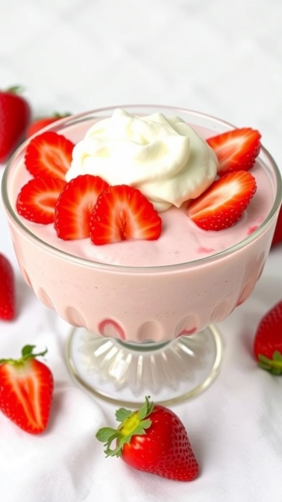 A bowl of creamy strawberry keto pudding topped with whipped cream and fresh strawberry slices.