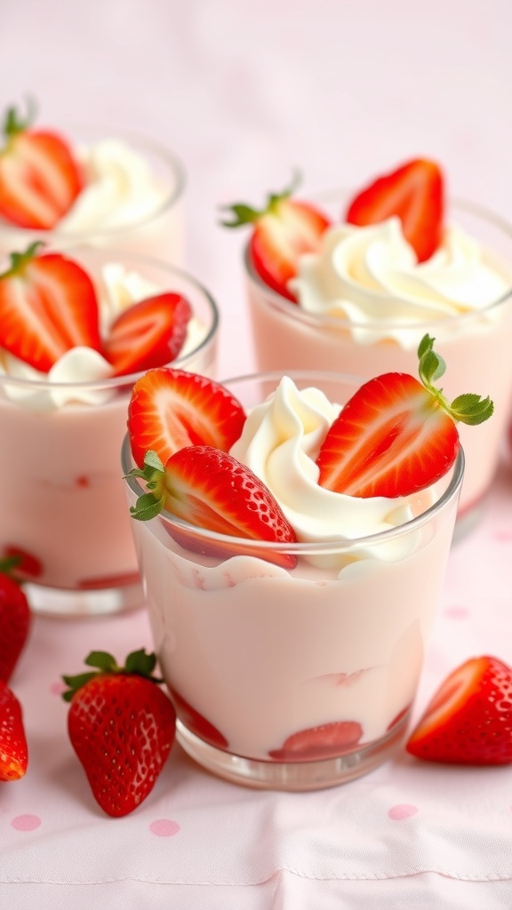 Creamy strawberry pudding cups topped with fresh strawberries and whipped cream