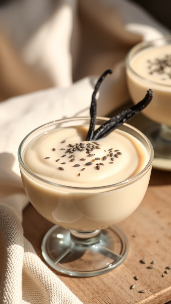 A creamy vanilla bean chia seed pudding topped with black sesame seeds in a glass bowl.