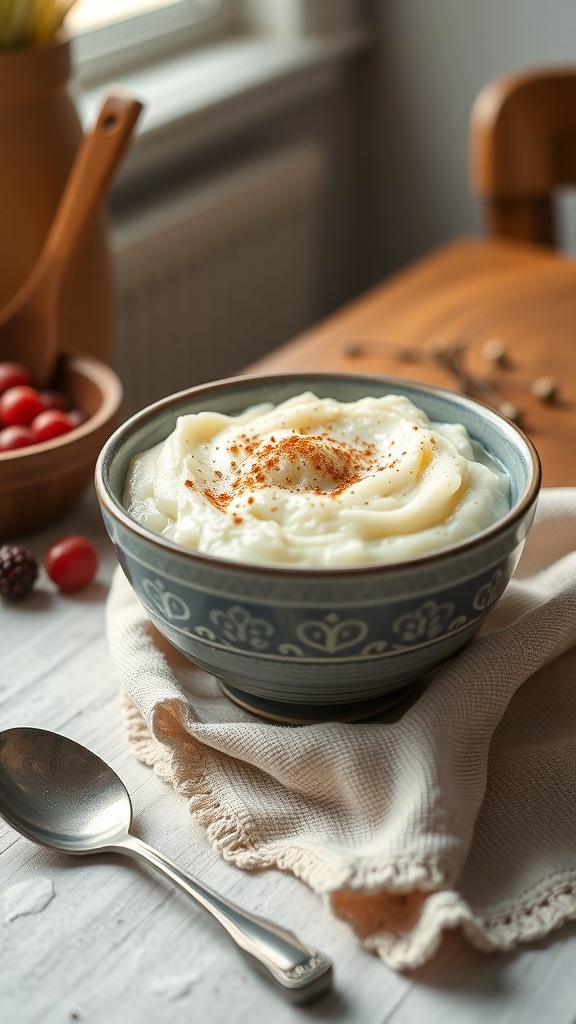 A bowl of creamy vanilla bean rice pudding topped with cinnamon, placed on a cozy table setting.