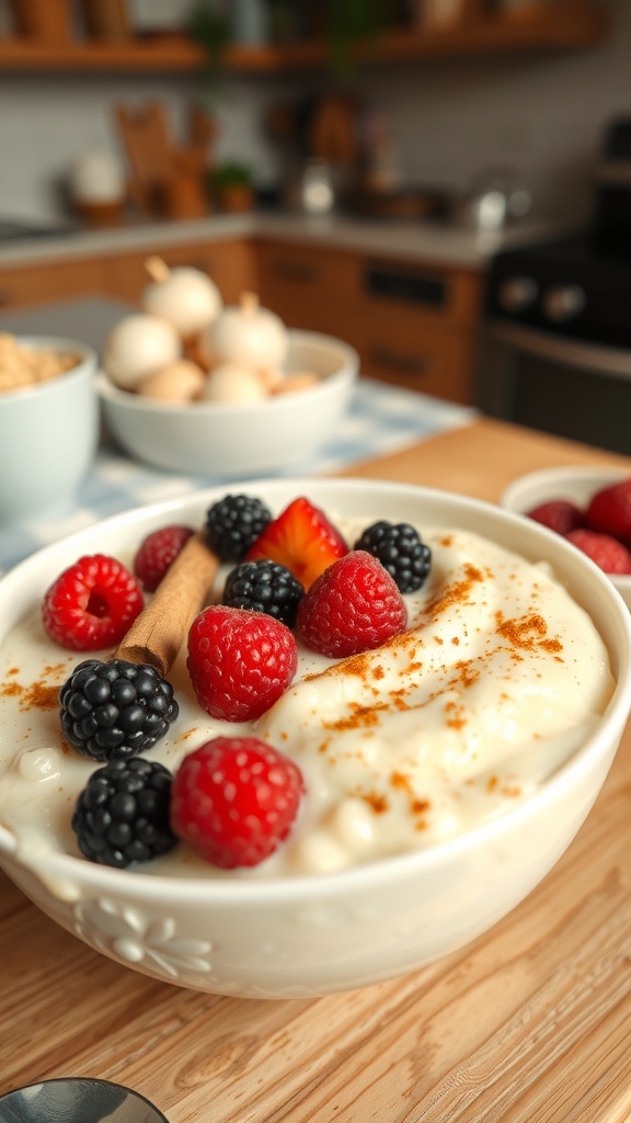 A bowl of creamy vanilla bean rice pudding topped with fresh berries and a cinnamon stick.