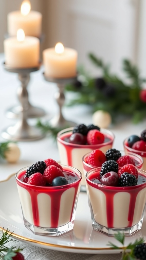Creamy vanilla panna cotta topped with fresh berries, displayed elegantly with candles in the background.