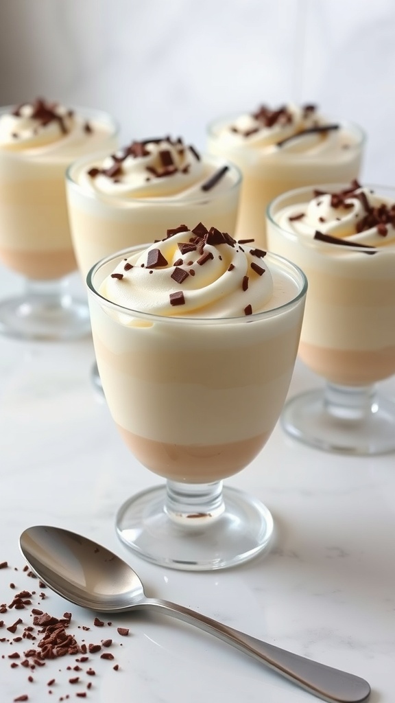 Creamy vanilla pudding cups topped with whipped cream and chocolate shavings