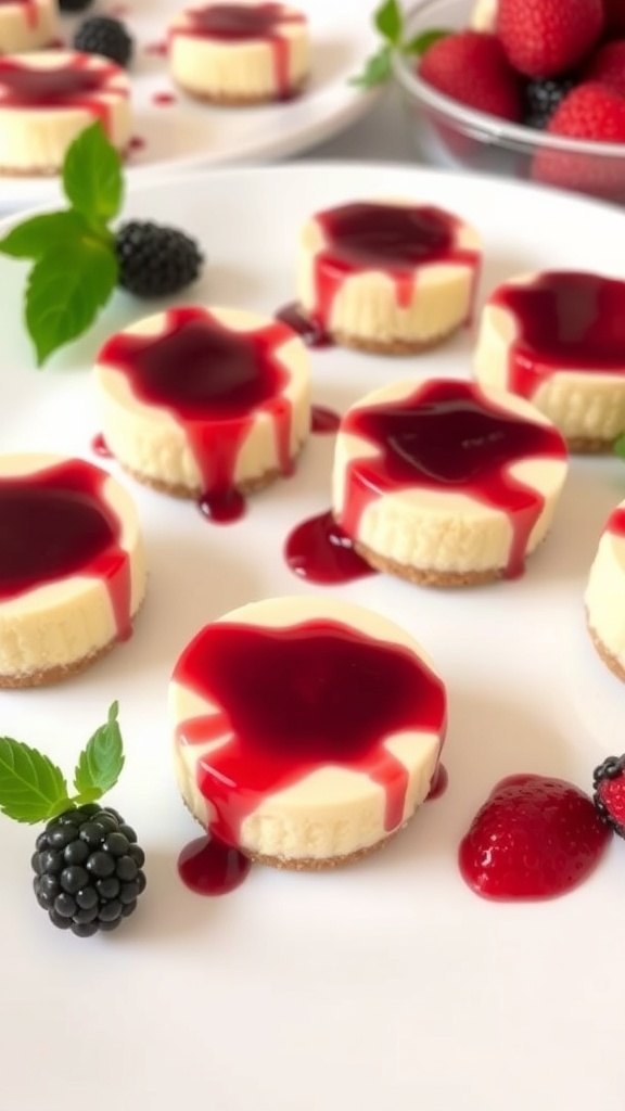 Creamy vegan cheesecake bites topped with raspberry sauce and edible flowers on a white plate.