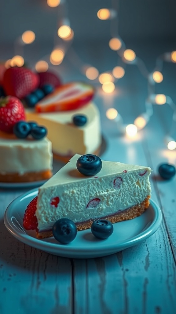 A slice of creamy vegan cheesecake topped with fresh strawberries and blueberries, with fairy lights in the background.