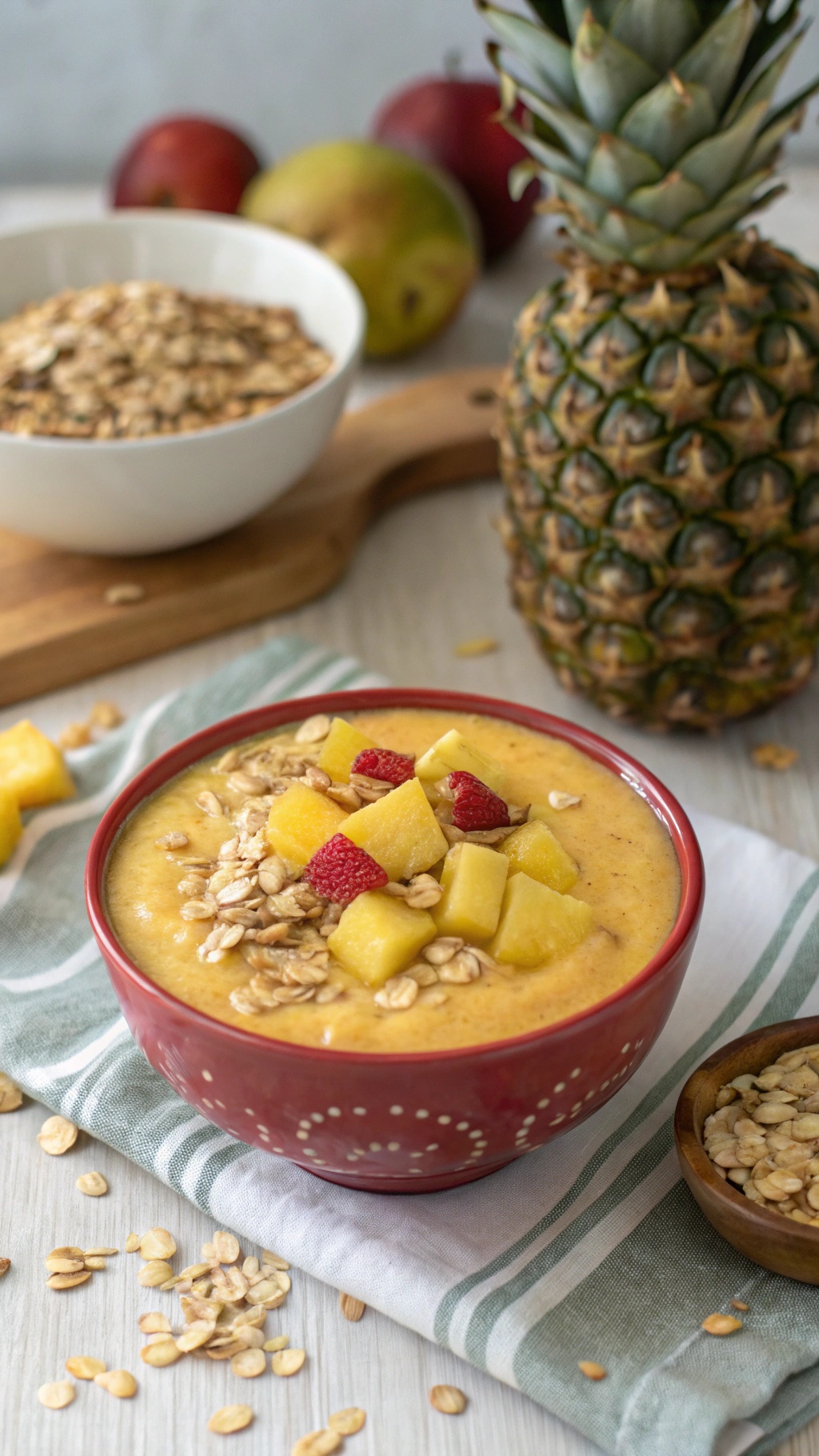A bowl of creamy vegan pineapple oatmeal smoothie topped with pineapple chunks and raspberries, with a whole pineapple and oats in the background.