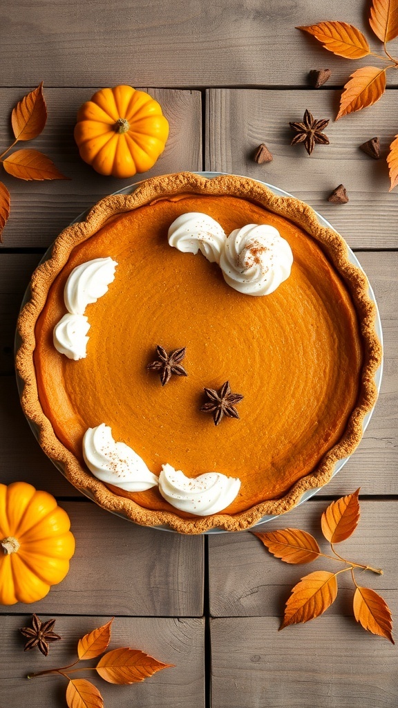 A creamy vegan pumpkin pie decorated with whipped cream and star anise, surrounded by pumpkins and autumn leaves.