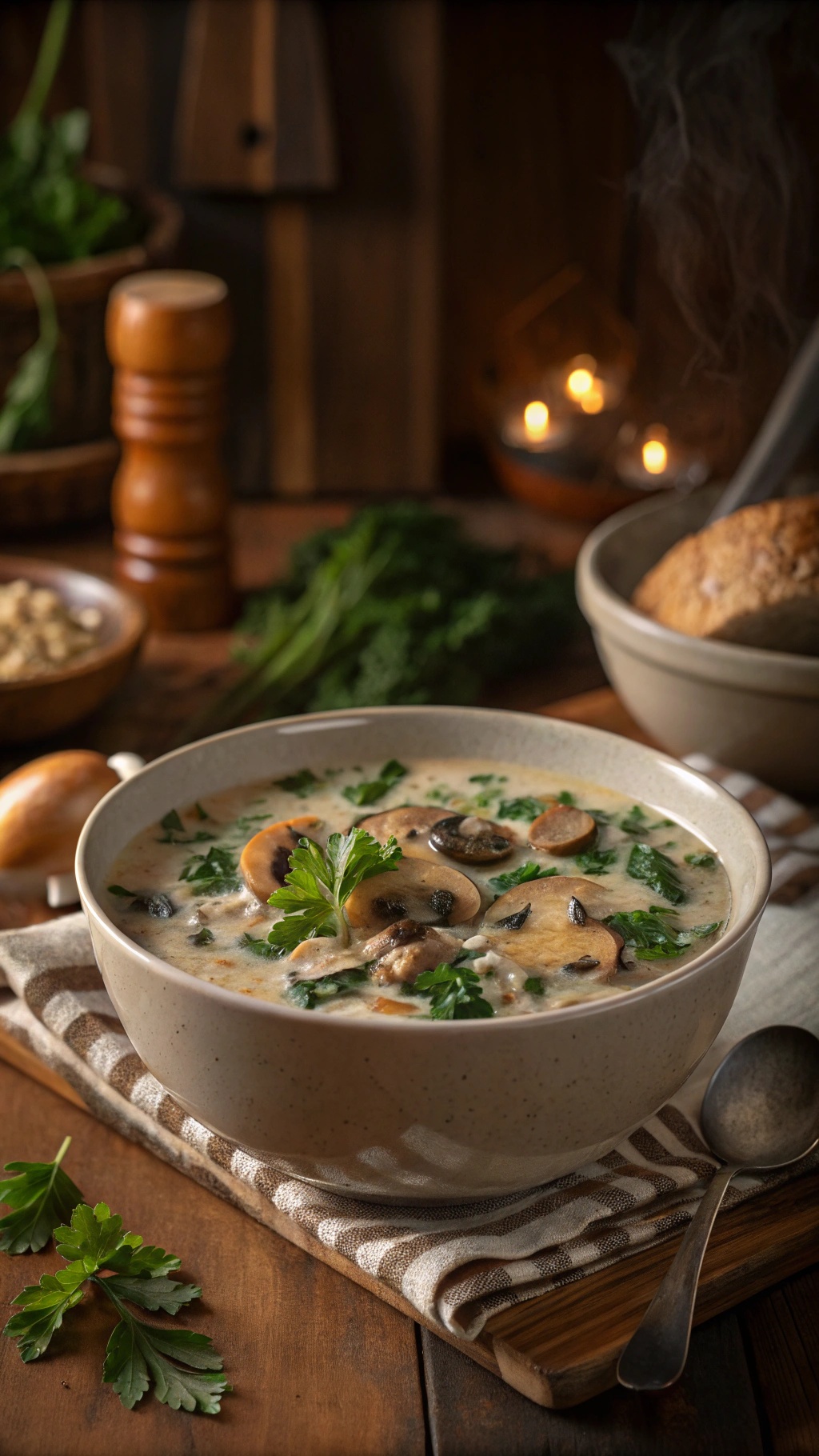 A bowl of creamy wild rice soup with mushrooms and kale, garnished with parsley.