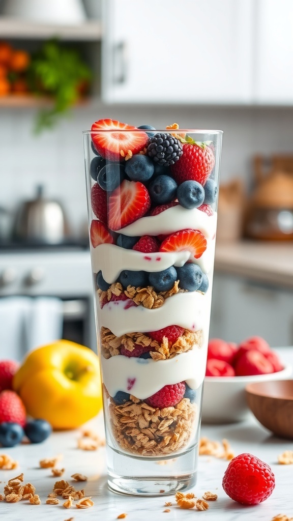 A tall glass filled with layers of yogurt, granola, and mixed berries, showcasing a colorful and healthy dessert.