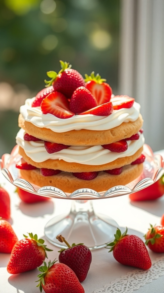 A delicious strawberry shortcake with layers of cream and fresh strawberries.