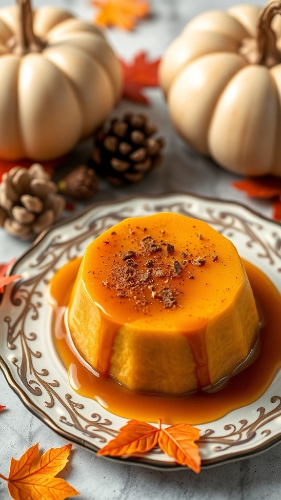 A beautifully plated caramel pumpkin flan surrounded by autumn leaves and mini pumpkins.