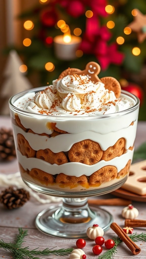 A festive no-bake gingerbread cookie trifle with layers of cream and cookies, decorated with gingerbread men.