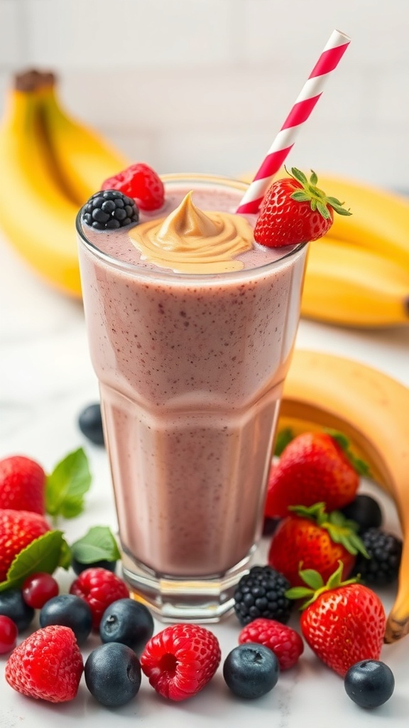 A delicious Peanut Butter and Jelly Smoothie topped with berries and a straw, surrounded by fresh fruits.