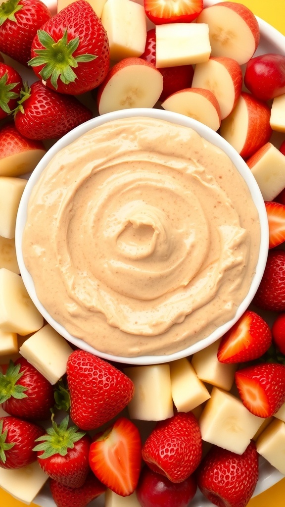 A creamy peanut butter fruit dip surrounded by fresh strawberries and apple slices.