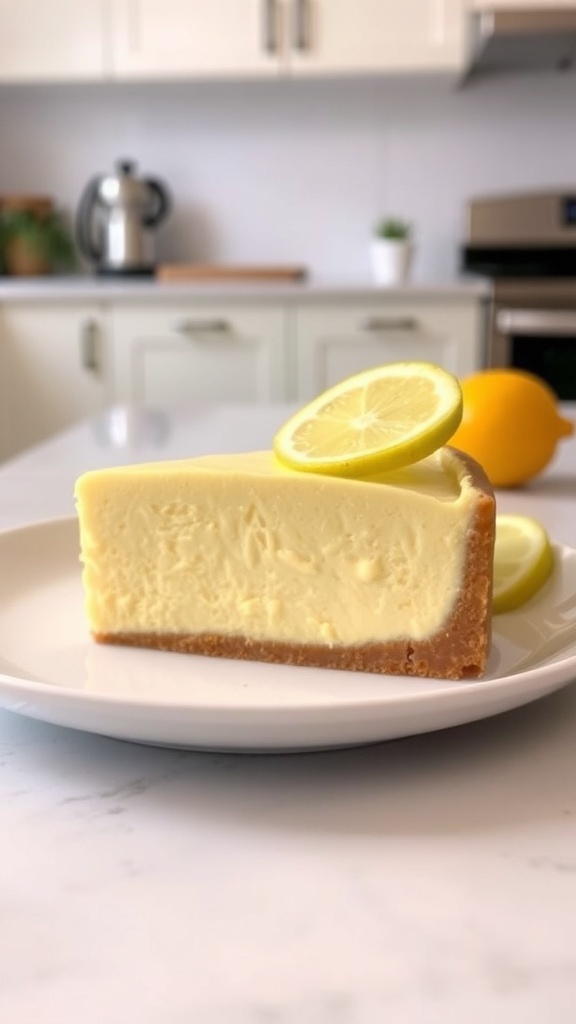 A slice of lemon keto cheesecake garnished with lemon slices and a flower, with lemons in the background.