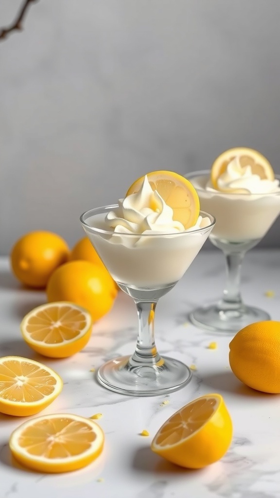 Two servings of lemon mousse in elegant glasses, topped with whipped cream and lemon slices, surrounded by fresh lemons.
