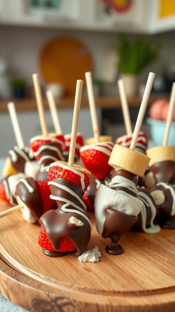 A plate of colorful chocolate dipped fruit skewers with strawberries, bananas, and marshmallows.