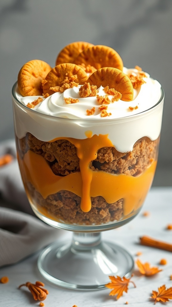 A delicious pumpkin spice trifle with layers of pumpkin filling, whipped cream, and crushed cookies, topped with caramel and cookie garnishes.