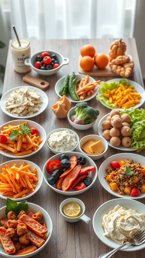 A colorful spread of various dishes including fruits, vegetables, proteins, and carbs on a wooden table.
