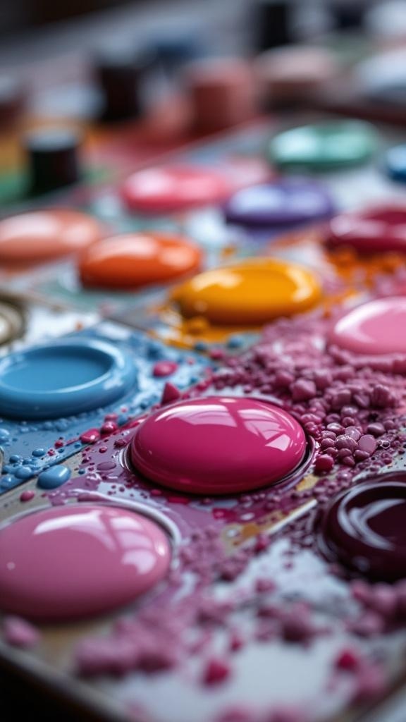 A colorful palette with various shades of nail polish, showcasing vibrant colors ready for mixing.