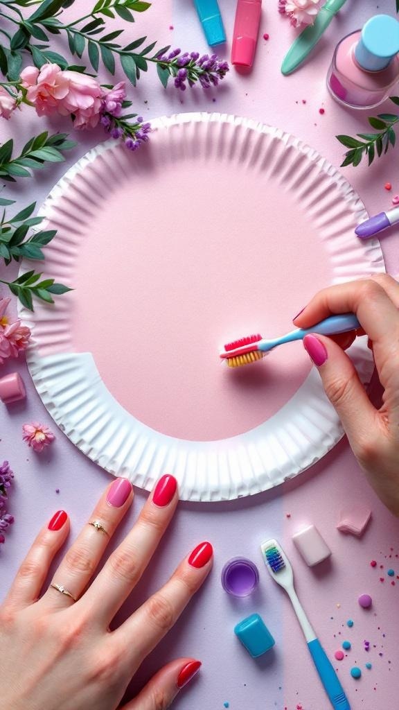 A creative nail art setup with a toothbrush, paper plate, and colorful nail polishes.