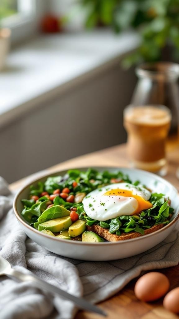 A bowl of spinach and avocado toast topped with a poached egg, served with a glass of iced coffee.