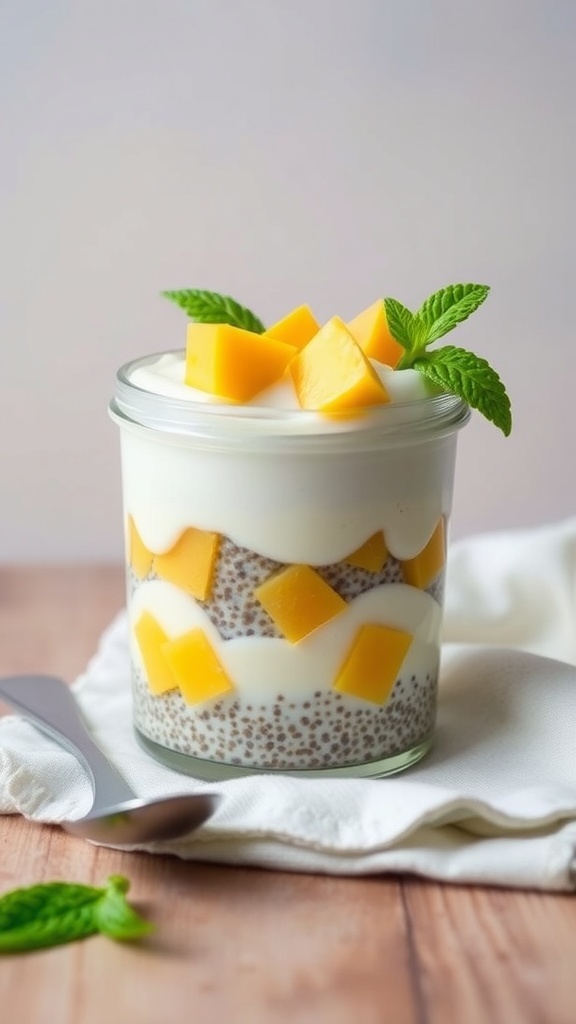 A jar of chia pudding layered with yogurt and mango, topped with mint leaves.