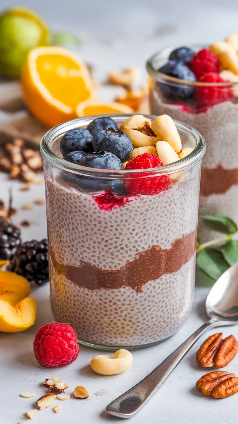 Chia seed pudding in jars topped with berries and nuts
