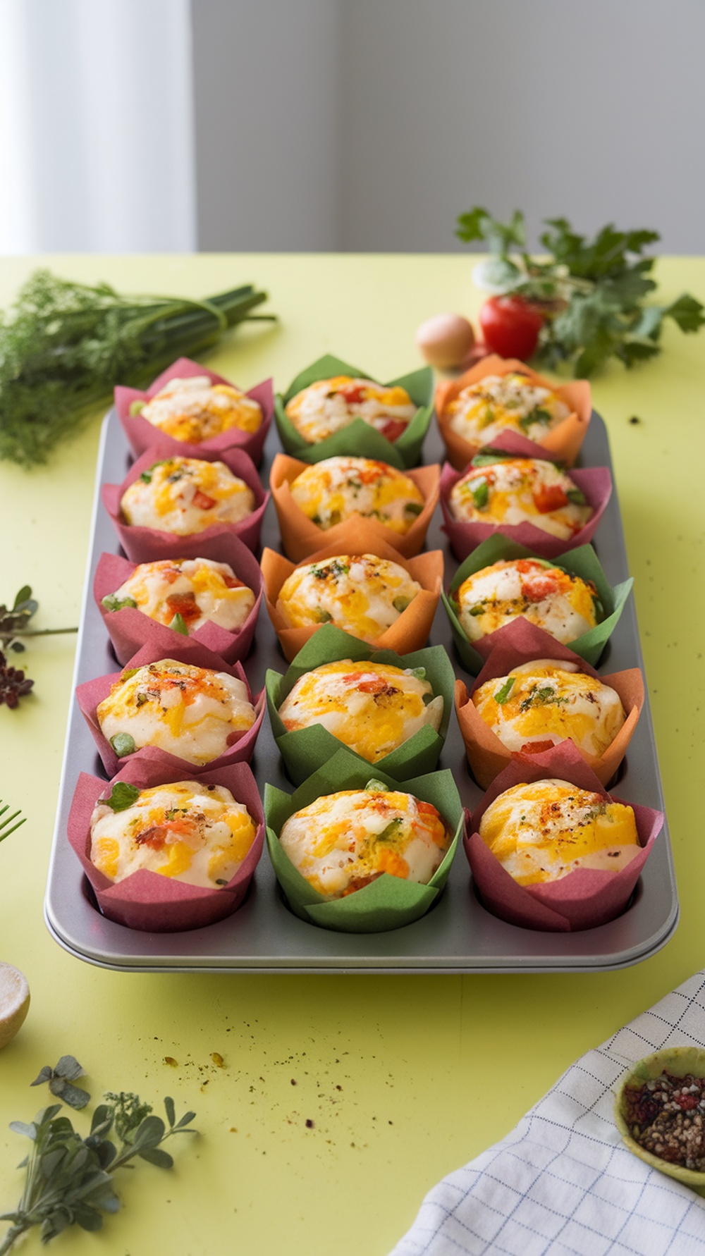 Colorful egg muffins in a muffin tin, showcasing a variety of vegetables and cheese.