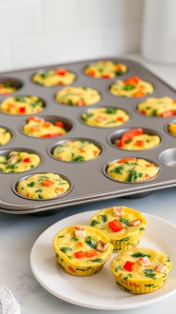 A tray of colorful egg muffins with spinach and bell peppers, ready for meal prep.