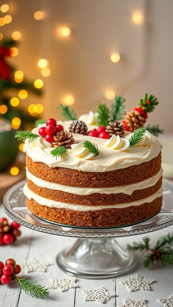 A beautifully decorated holiday spice cake with cream cheese frosting, adorned with pine cones and berries.