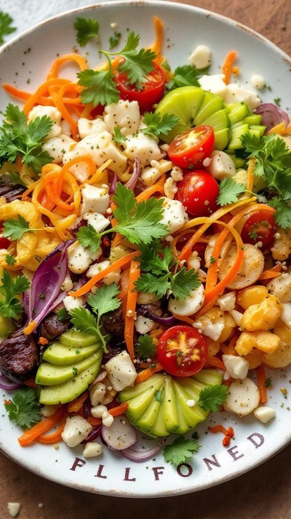 A colorful salad with spiralized carrots, cucumbers, cherry tomatoes, and fresh herbs.