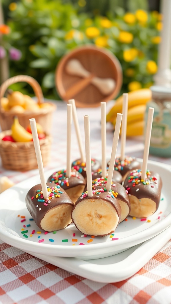 Creative Peanut Butter and Chocolate Banana Pops on a plate with colorful sprinkles