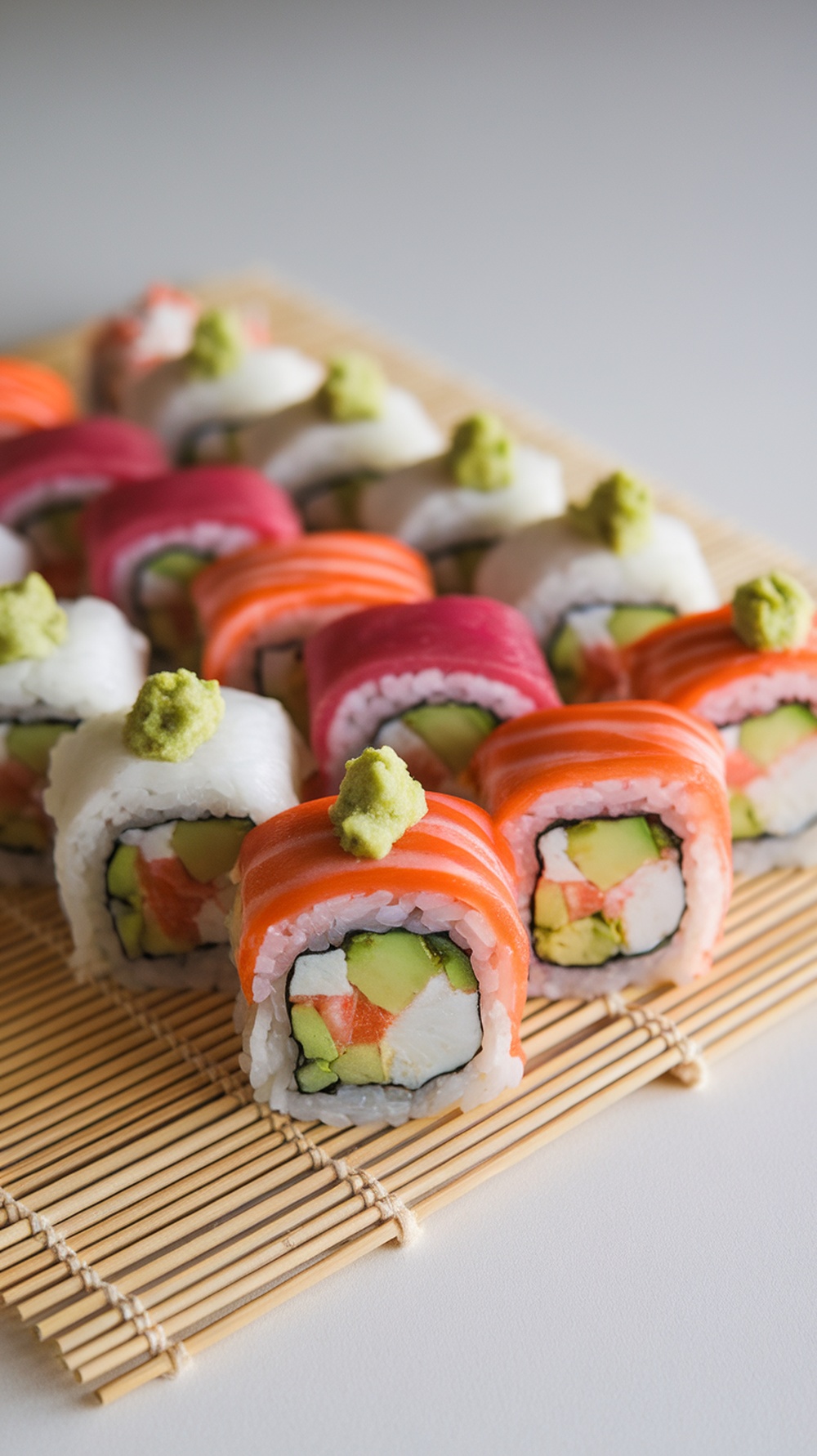 Colorful sushi rolls with various fillings and wasabi on top.
