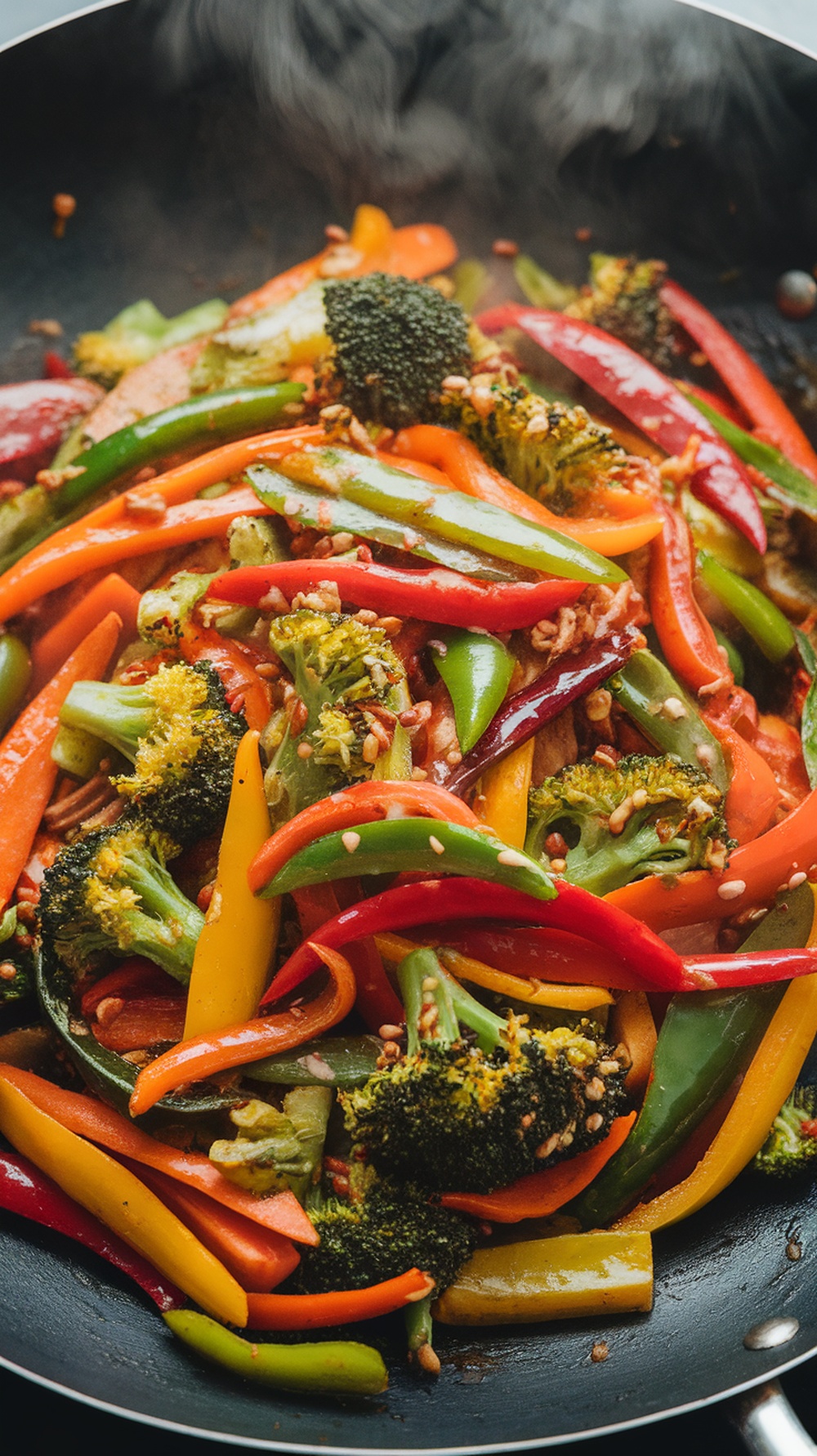 A vibrant vegetable stir-fry with broccoli, bell peppers, and carrots in a skillet.