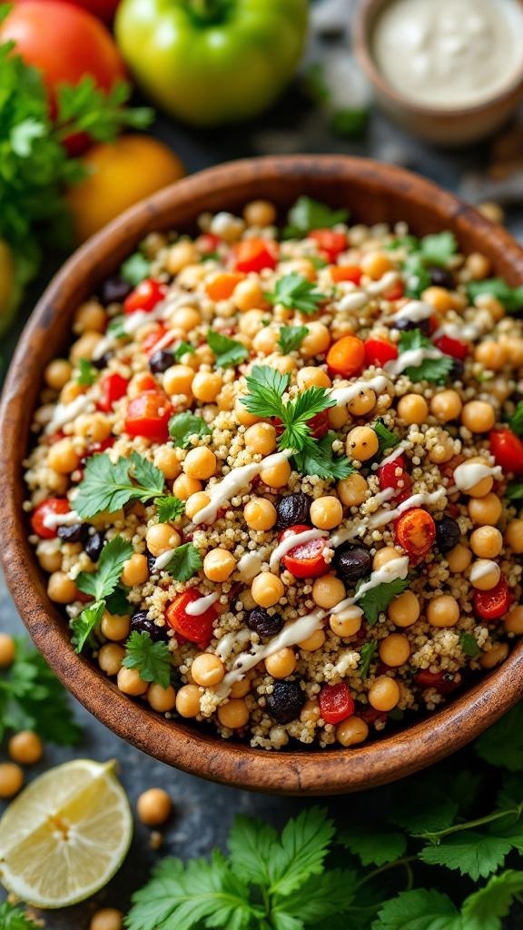 A colorful quinoa salad with chickpeas, cherry tomatoes, and fresh herbs in a wooden bowl.