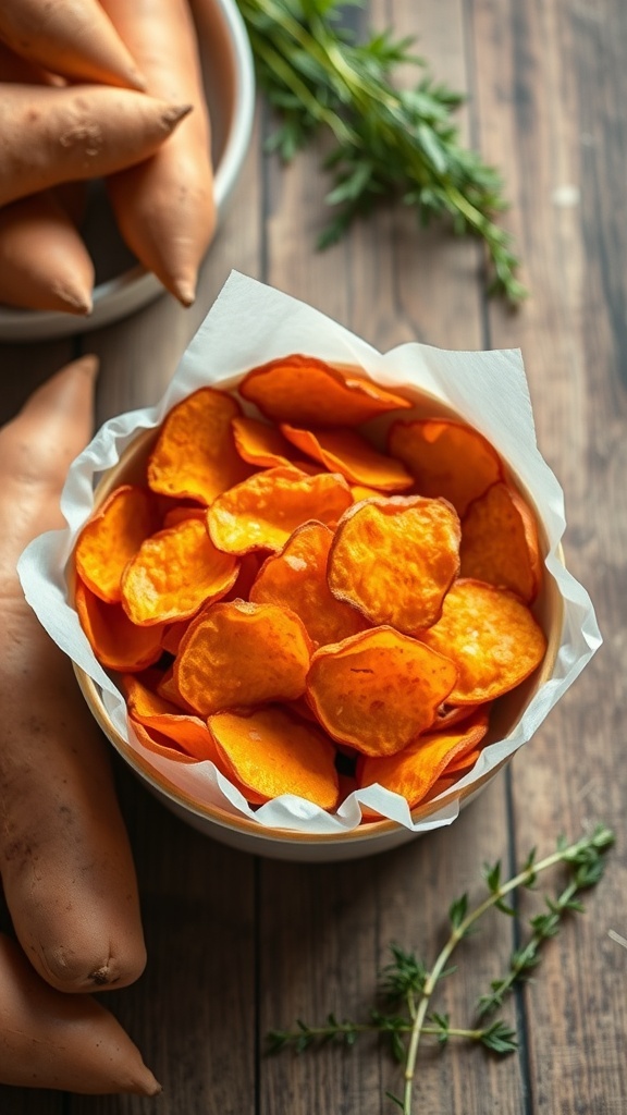 A bowl of crispy sweet potato chips with fresh sweet potatoes in the background.