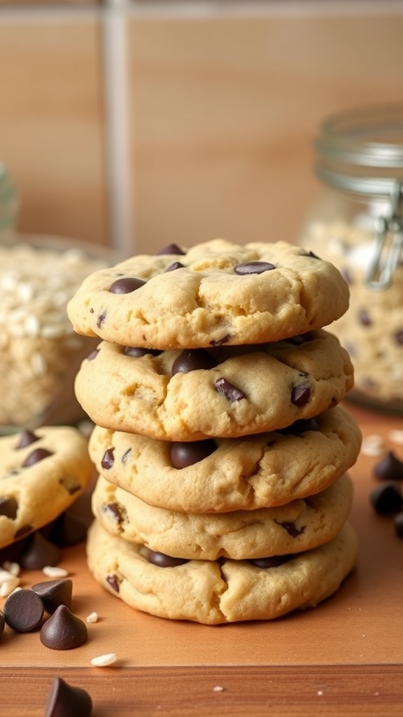 A stack of crispy rice flour chocolate chip cookies with chocolate chips scattered around.